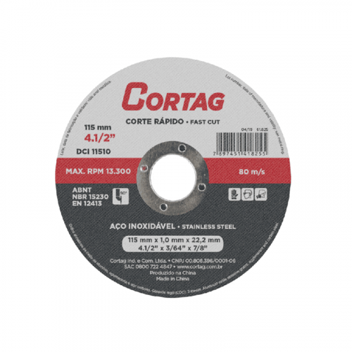 Disco de Corte Inox 115mmx1,0mmx22,22mm Cortag