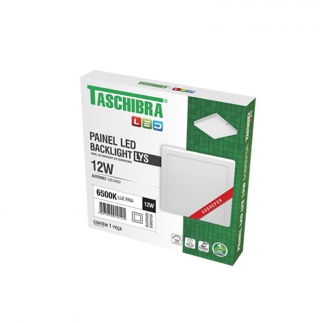 Painel Led Taschibra 12W Quadrado de Sobrepor Luz Fria 6500K