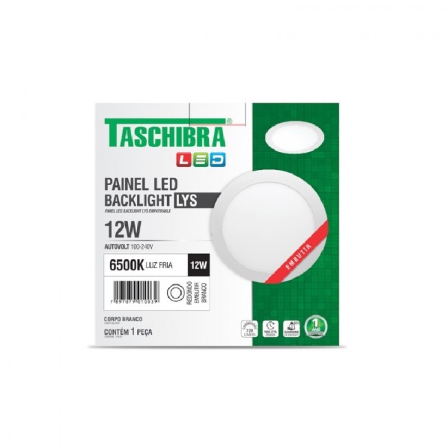 Painel Led Taschibra 12W Redondo de Embutir Branco Luz Fria 6500K