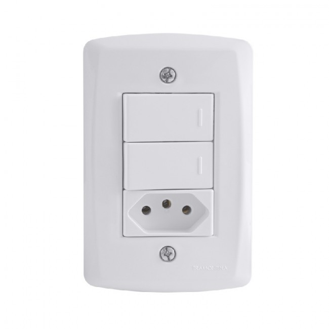 Kit 4x2 com 2 Interruptores Simples e 1 Tomada 2P+T 10A 250V Tramontina Lux2 Branco